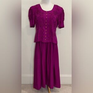 Vintage Plaza South Magenta Beaded Maxi Dress Sz 16 Embroidered Formal Evening